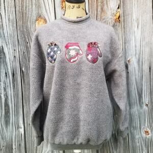 Cozy Y2k Fleece Sweater Art Unlimited M Sweatshirt Gray Mittens Grandma Vtg 90s